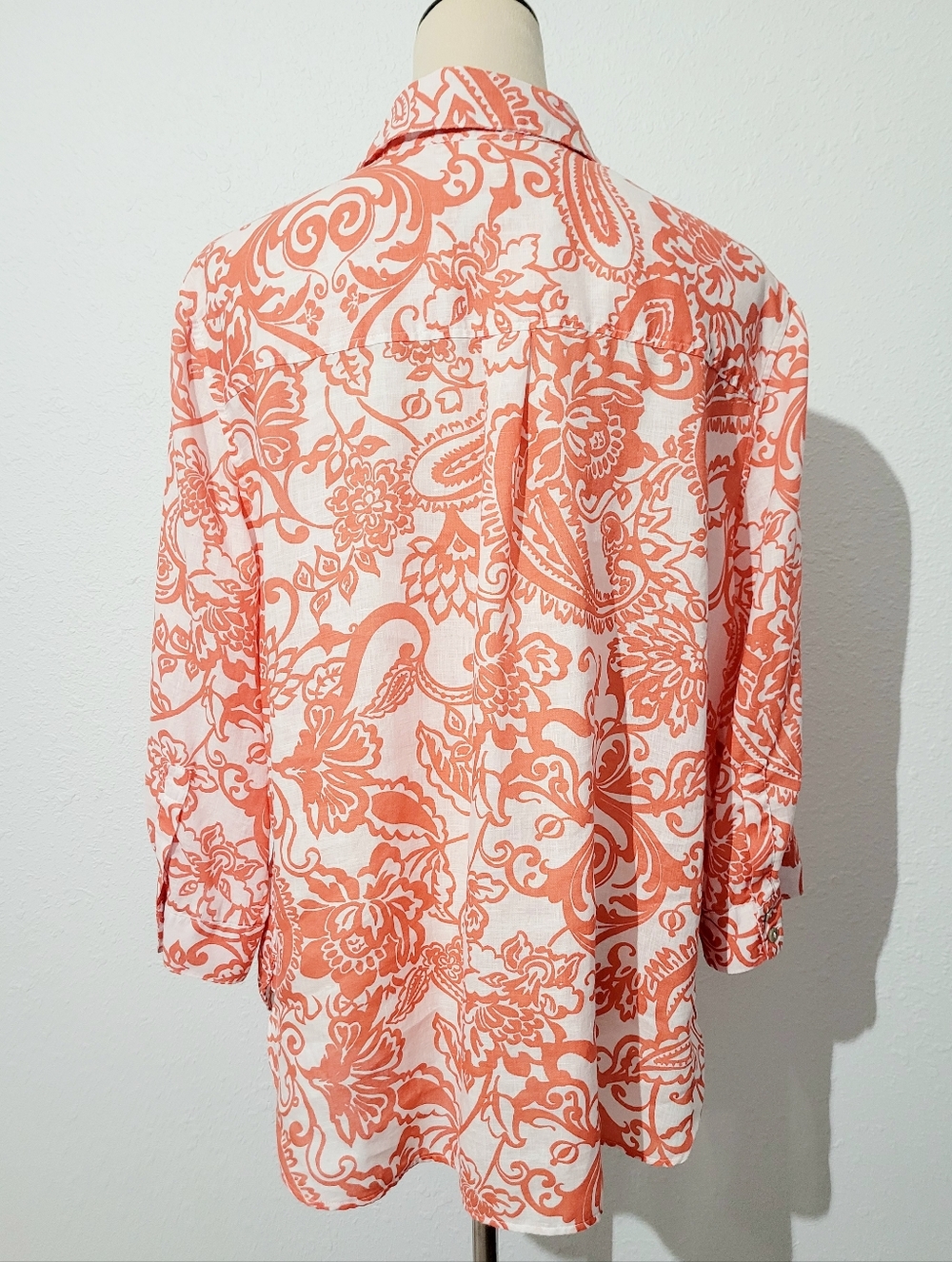 Chico’s 100% Linen Shirt Size 16 Orange White Paisley Button Front Top Classic - Picture 5 of 13